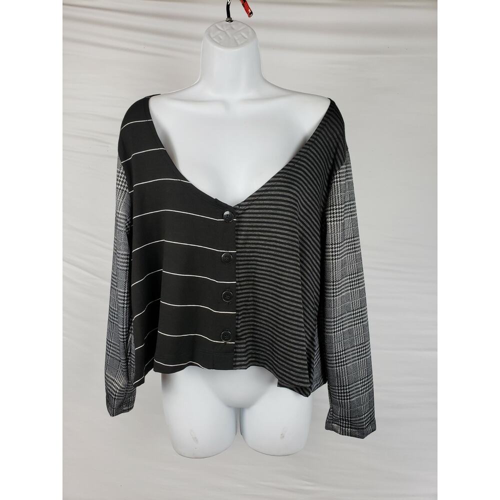 Noblu Grey Plaid Cropped Shirt Cotton & Spandex‎ Long Sleeve Size XL Striped